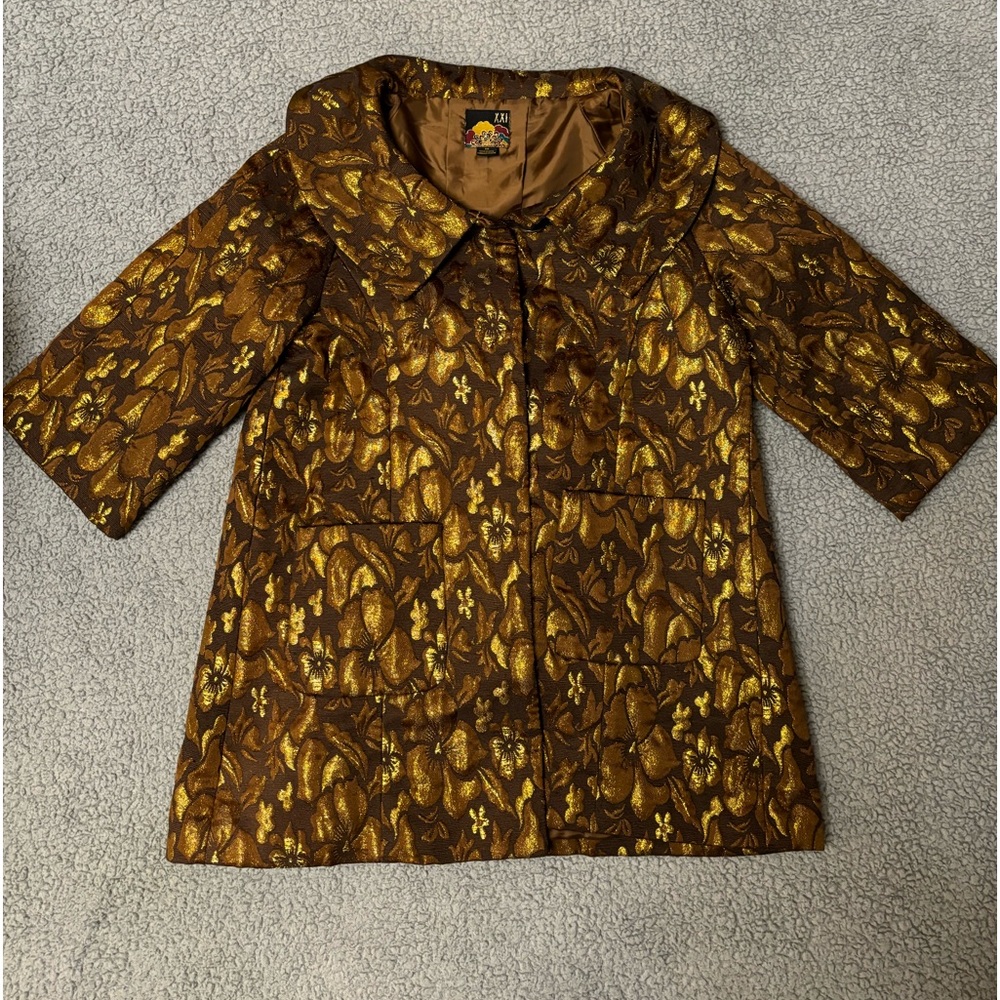 Forever 21 Women’s Brown Gold Floral Swing Coat Jacket 3/4 Sleeve
